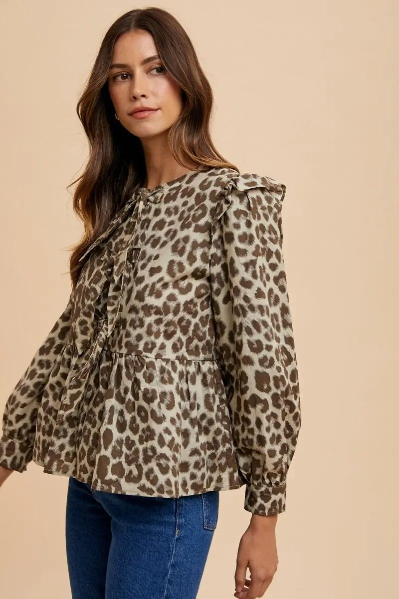 Annie Wear Tied Leopard Round Neck Peplum Blouse Stylish Top - Love Salve